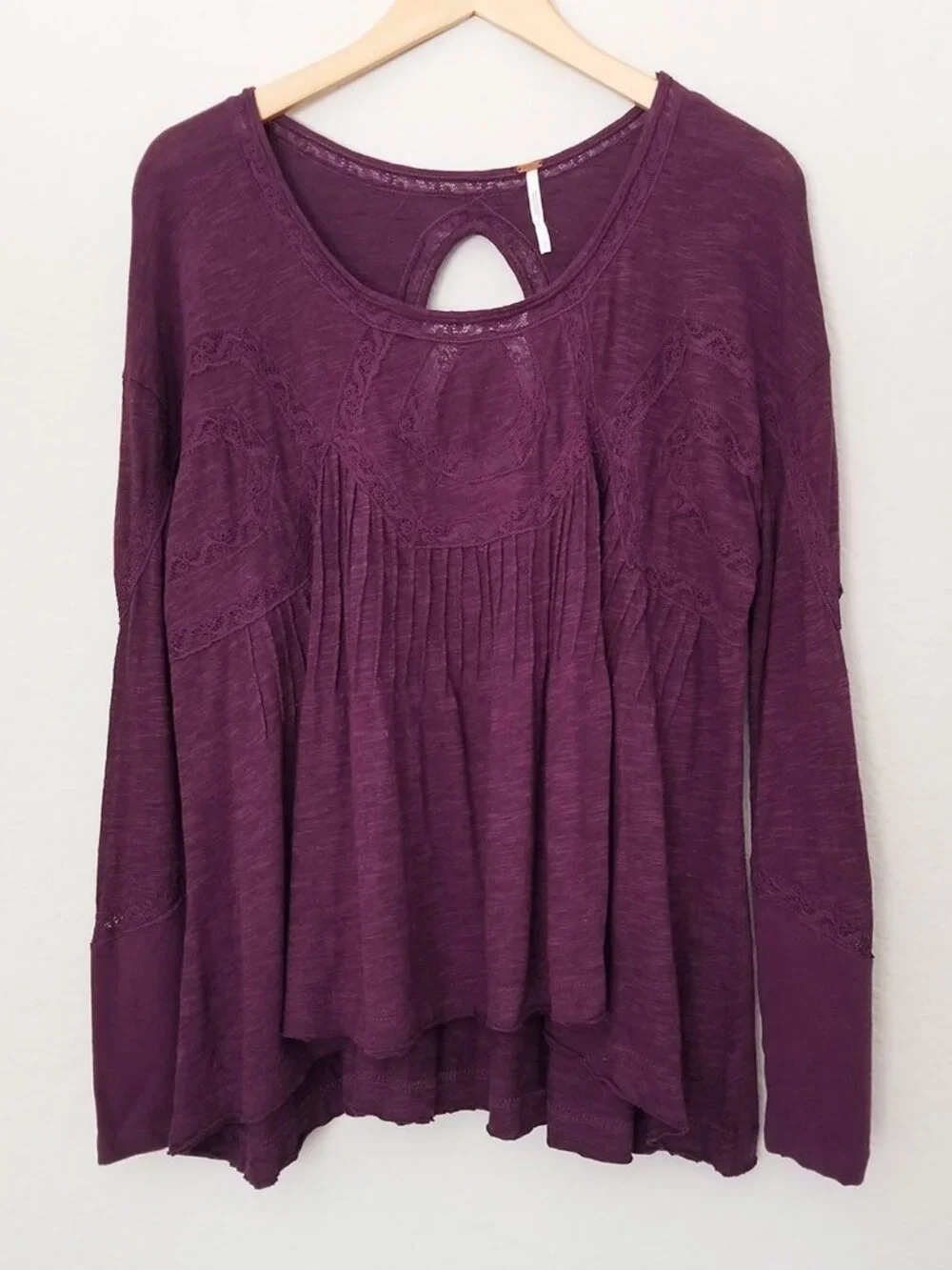 Free People New Hope Babydoll Long Sleeves Top S Eggplant Cutout Peasant Boho